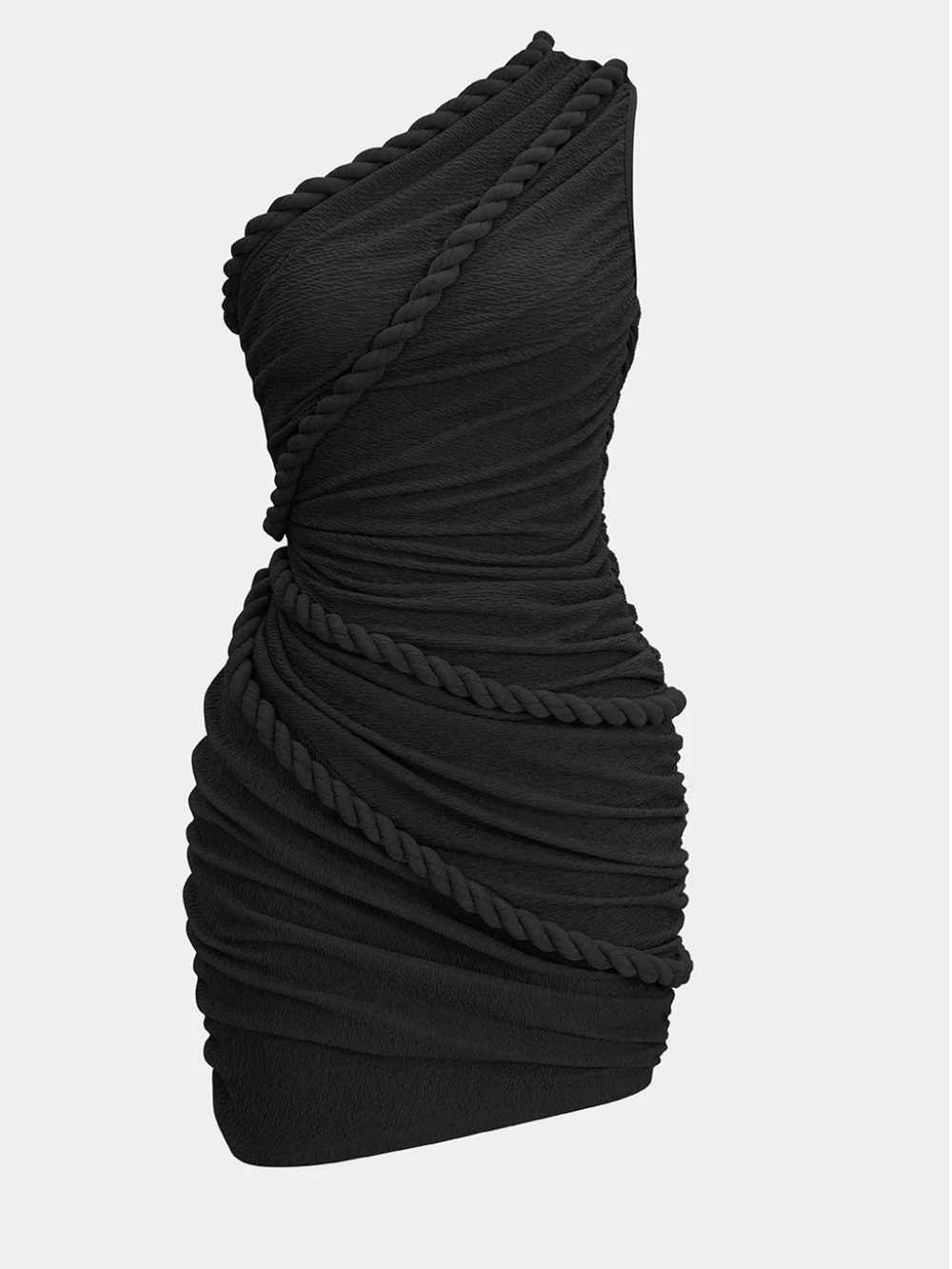 Micas One-Shoulder Black Ruched Rope-Trim Mini Dress